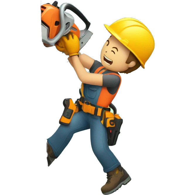 Man using a chainsaw to cut down a very tall tree emoji