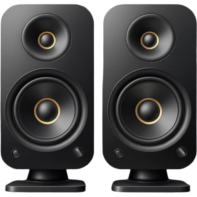 pair of big speakers emoji, deep matte black metal body, circular speaker cones with subtle depth, smooth rounded edges, minimalistic futuristic 3D style, luxury aesthetic emoji