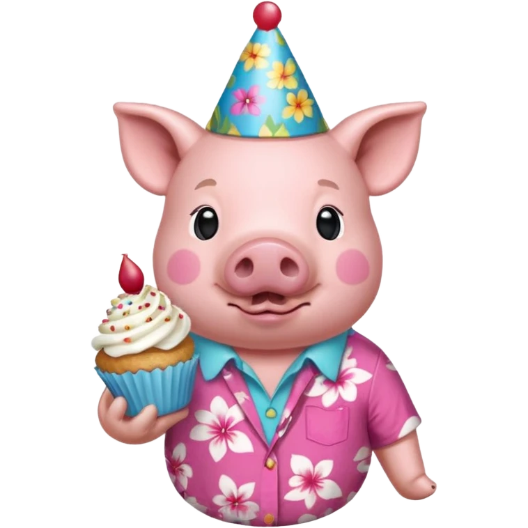 Pig with aloha shirt, birthday hat, holding a cupcake emoji