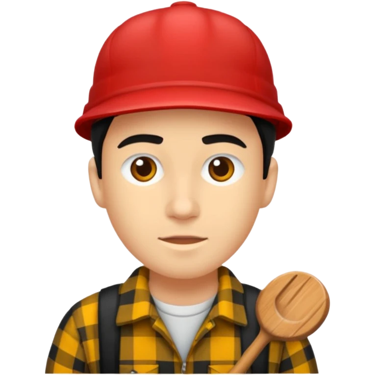 Ung man med svart keps röd gul rutig flanellskjorta hållandes stor torsk emoji