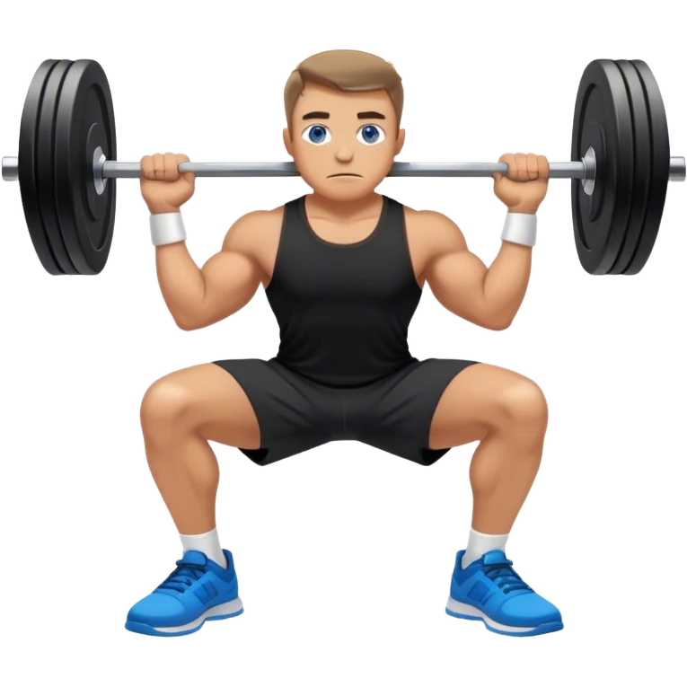 tanned man grey eyes black shorts black t shirt blue shoes barbell squats emoji