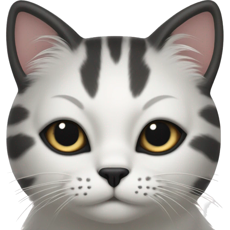 Cat with white face with a black mustache-shaped spot under the nose and a little on nose. Dark patches on the forehead and around the ears create a striking contrast with the white fur. emoji