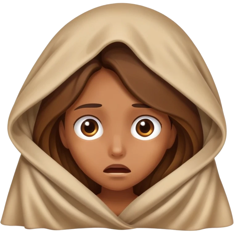 a tanned girl with brown long hair hid under the blanket in fear emoji
