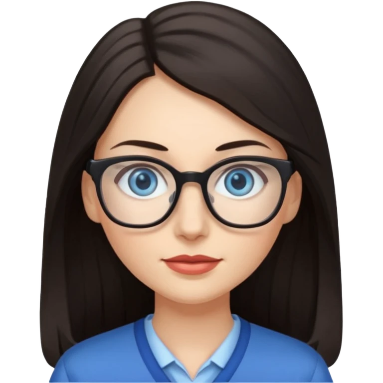 long dark hair, blue eyes, glasses teacher female, eyelashes emoji