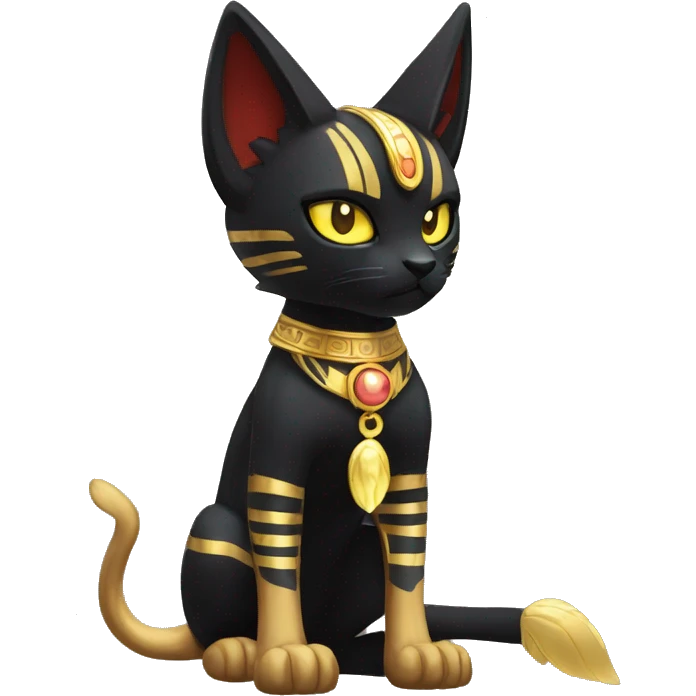 Black godly overpowered ethereal majestic Egyptian Litten-Cat-Fakemon. Golden Anubis-Rings and yellow ring-markings. Full body emoji