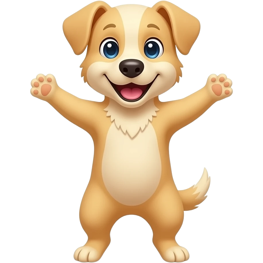 A completely light yellow dog, standing up with legs and arms open like a little person, looking at us with a very happy expression. Its body is completely yellow. emoji