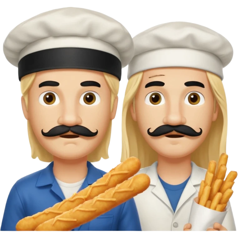 Aurore had long blond hair and Enzo is an Italian boy with mid-long black hair, mustache and a cap on his head and they are figthing like monster about mozzarella sticks emoji
