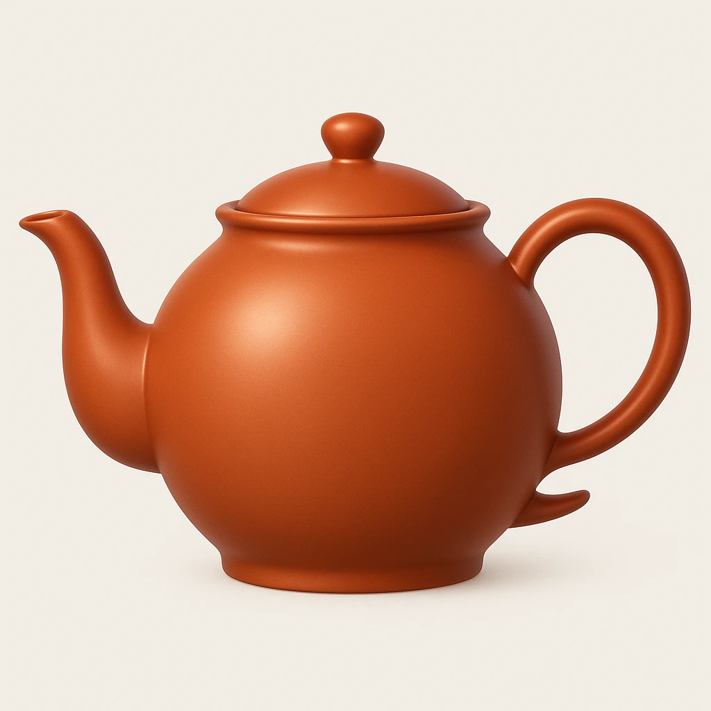 Create a teapot similar to the reference image but without a face, just the teapot itself. Make it a little shiny with a moderate red color #c05734 in an emoji style. emoji