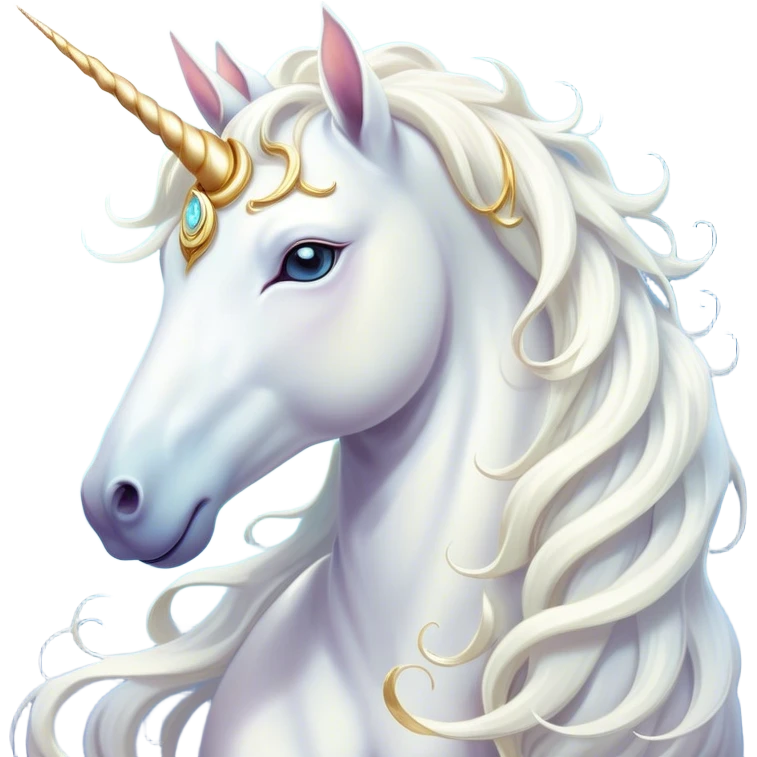 Beautiful and Majestic White Unicorn Portrait Emoji, Head and body exuding serene brilliance with a luminous, flowing mane and a gracefully spiraled horn, eyes gently closed in peaceful reverie, Simplified yet exquisitely enchanting features, highly detailed, glowing with a soft, celestial light, high shine, serene and utterly majestic, stylized with an air of timeless fantasy, soft glowing outline, capturing the essence of a beautiful and majestic white unicorn that embodies the pure magic of legend! emoji
