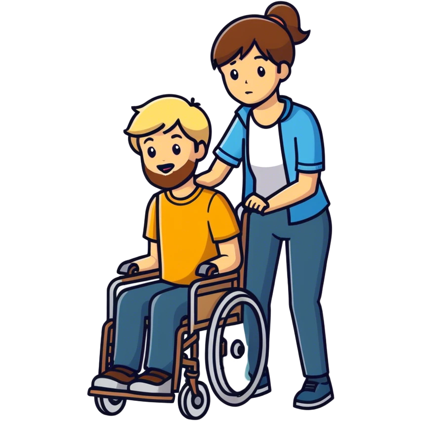 Brown haired bearded son in a wheelchair with blonde women pushing emoji