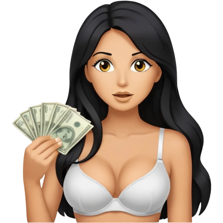 woman with bra, tanned long black hair, holding money whispering emoji