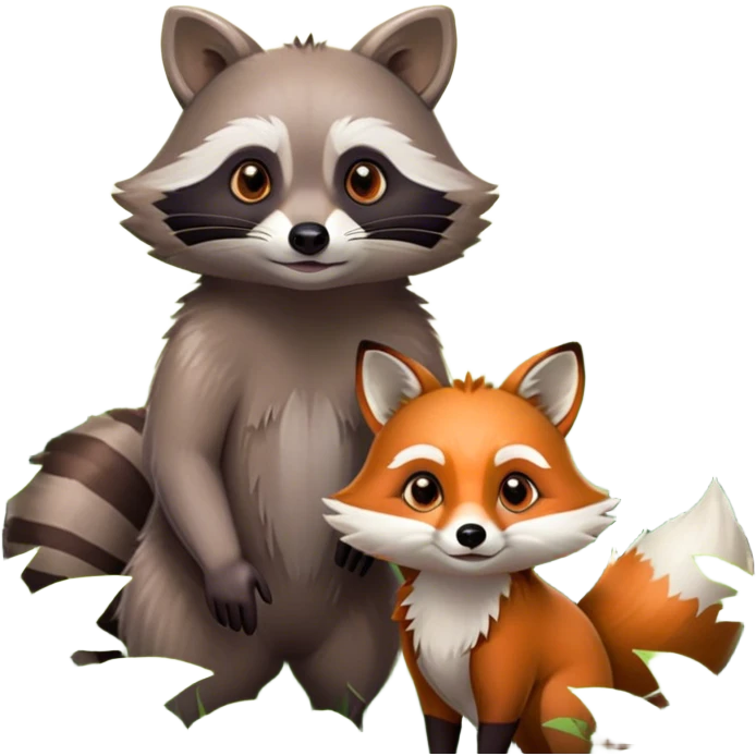 Collage of a raccoon and a fox, in close-up, set in a beautiful forest with tall trees, green bushes, and sunlight filtering through the leaves. Both animals look curious and playful. A vibrant, wild atmosphere with a transparent background. emoji