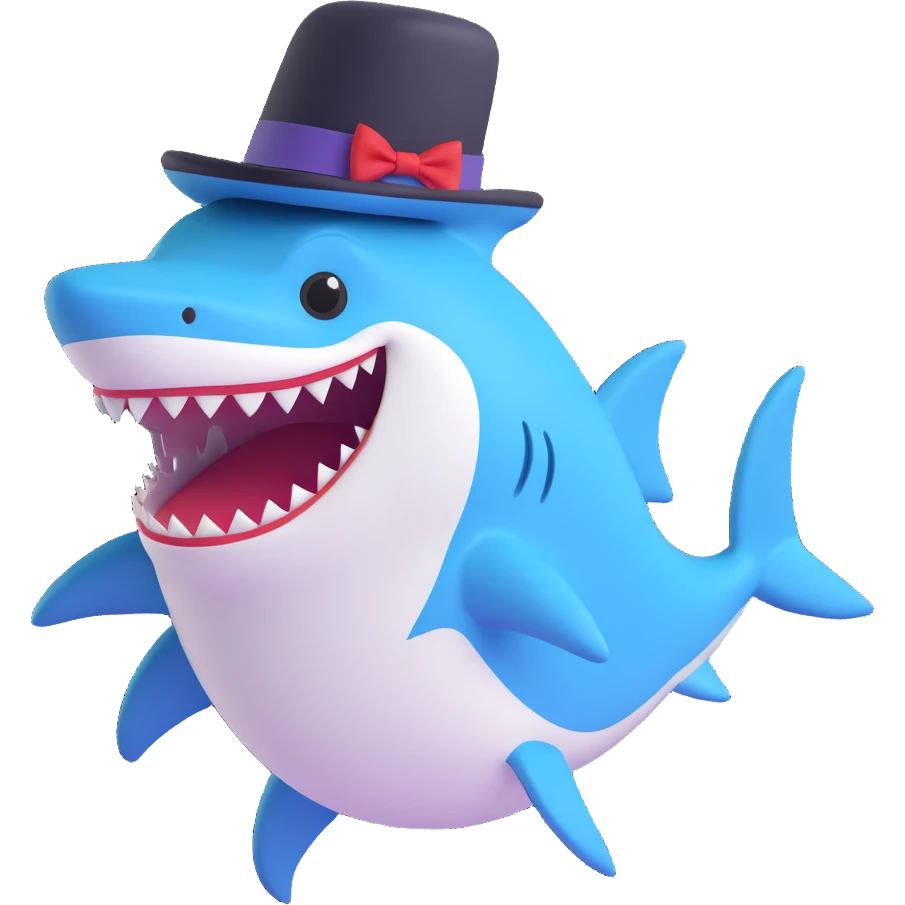 cartoon shark with a fancy top hat, smiling emoji