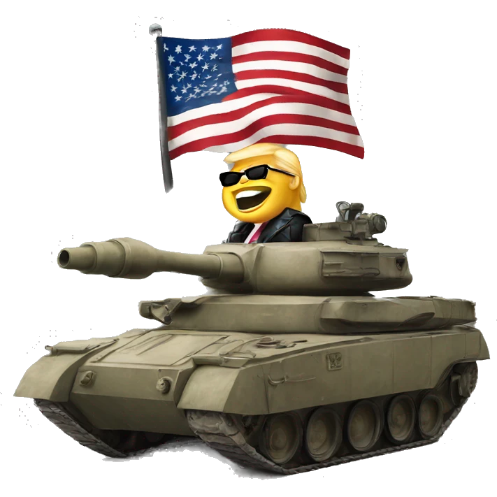 Donald trump with shades holding an American flag on top of a tank emoji