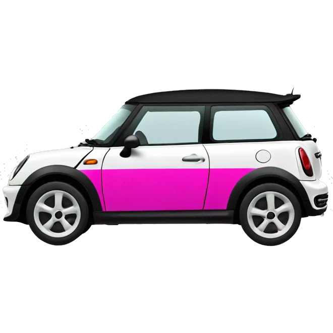 Black mini cooper, white roof, black drivers doors, with hot pink hood stripes emoji