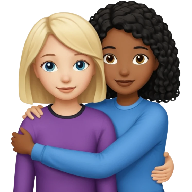 Girl best friends: one white girl with straight blond bob and blue eyes, one shorter black girl with long black curly hair, hugging emoji