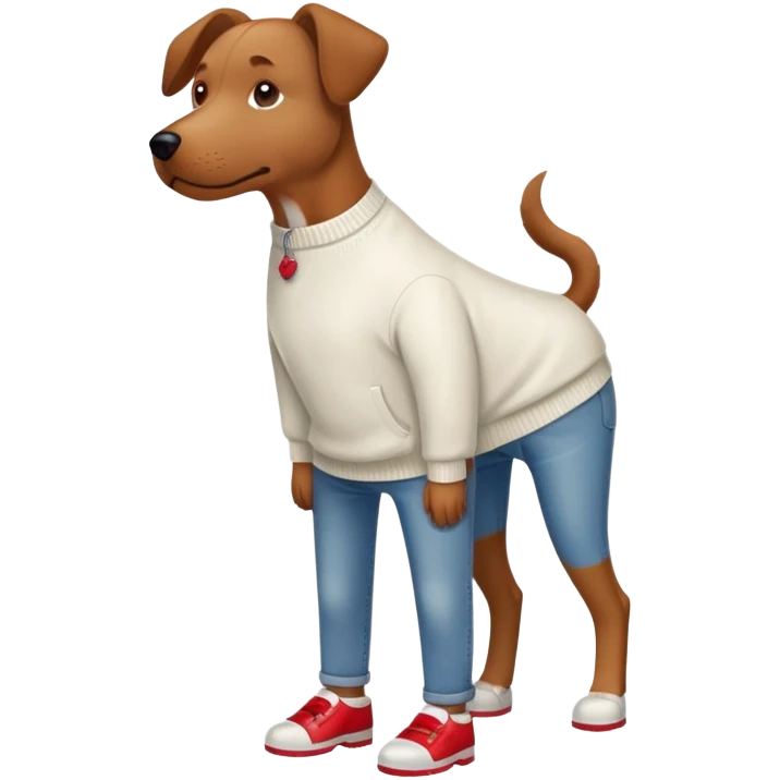 Brown dog standing upright with hands in jean pockets, wearing a white sweater and red shoes emoji