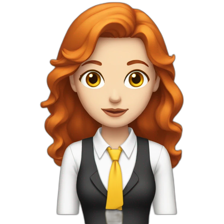 White Woman with red hair and yellow eyes wearing a white button up shirt and black tie emoji