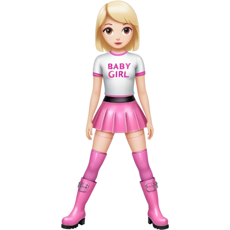 Mini latex skirt and boots and short top with pink inscription “Baby girl” emoji