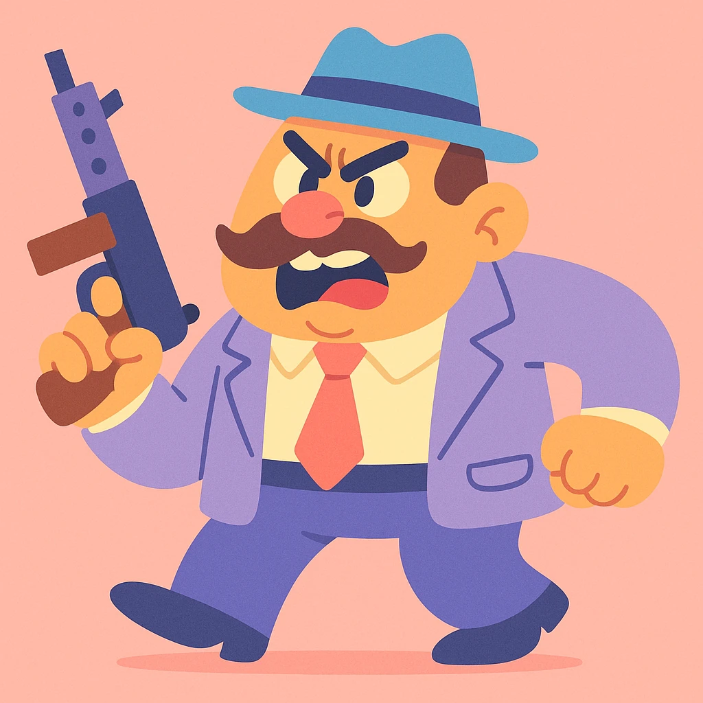 gangster character, highly cartoonish, exaggerated pastel toon style emoji
