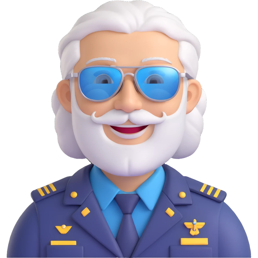 middle-aged pilot, silver hair, beard, fair skin, smiling, wearing sunglasses emoji