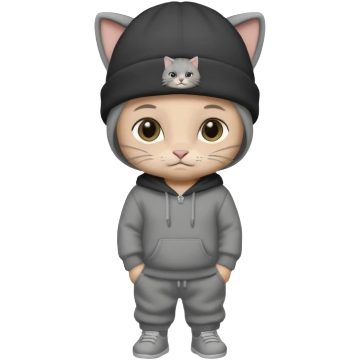 Grey baby cat wearing a black raider beanie and charcoal sweat pants  emoji
