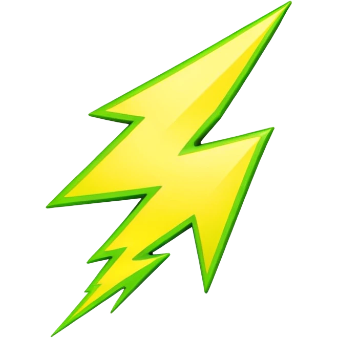 A single neon yellow lightning bolt emoji, glossy and smooth, vibrant neon green color, high detail, simple and cute design emoji