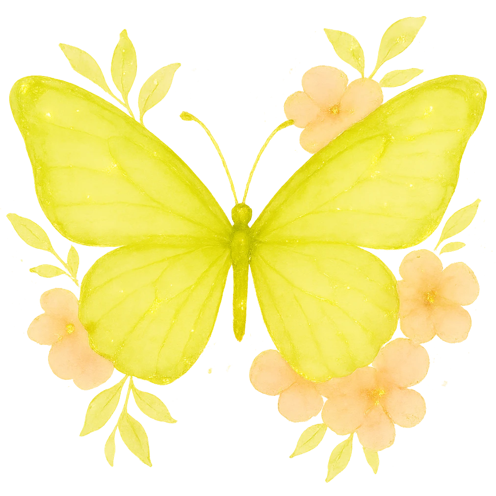 Create a one-to-one butterfly and flowers as in the example image. The butterfly should be green with color #c0ff53, and the flowers should be bright pink. Add more luxury with glossiness, glowing effects, and subtle gold details. Use a watercolor art style. Remove the background. emoji
