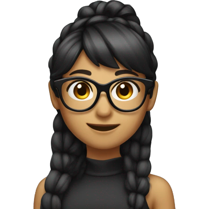 female, bangs on ponytail, black hair, black glasses, cute smile, note emoji