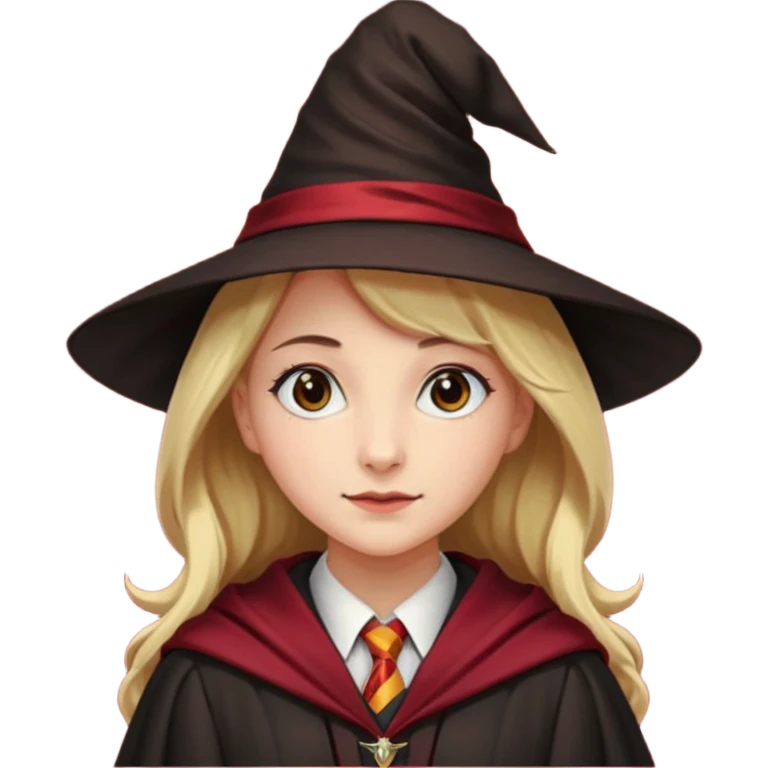A young woman wearing a classic witch’s hat, red tie, and wizarding robes. This outfit suggests she's a student from Gryffindor House (from the Harry Potter universe), as the red tie is a signature detail of that house's uniform. emoji