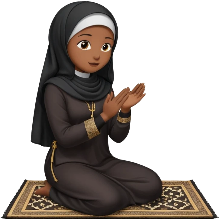 Muslim woman in black jiljab side profile praying on prayer mat  holding up hands to god emoji