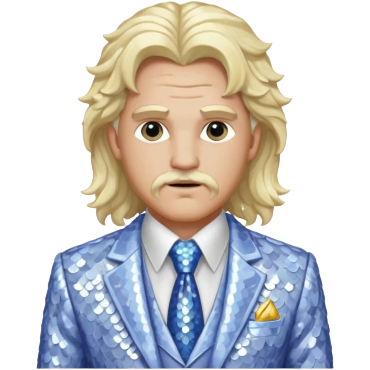 Zeus from Greek Mythology with long white blonde wavy hair, white sequin suit jacket and tie, periwinkle shirt emoji