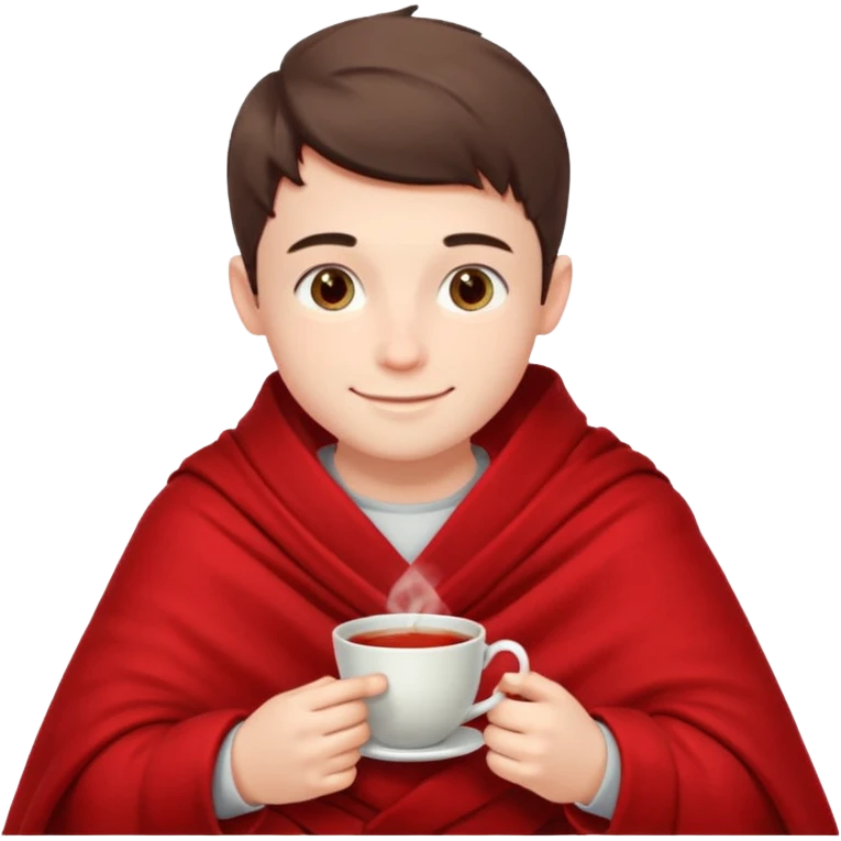 a European boy is sitting in a red blanket, drinking tea emoji