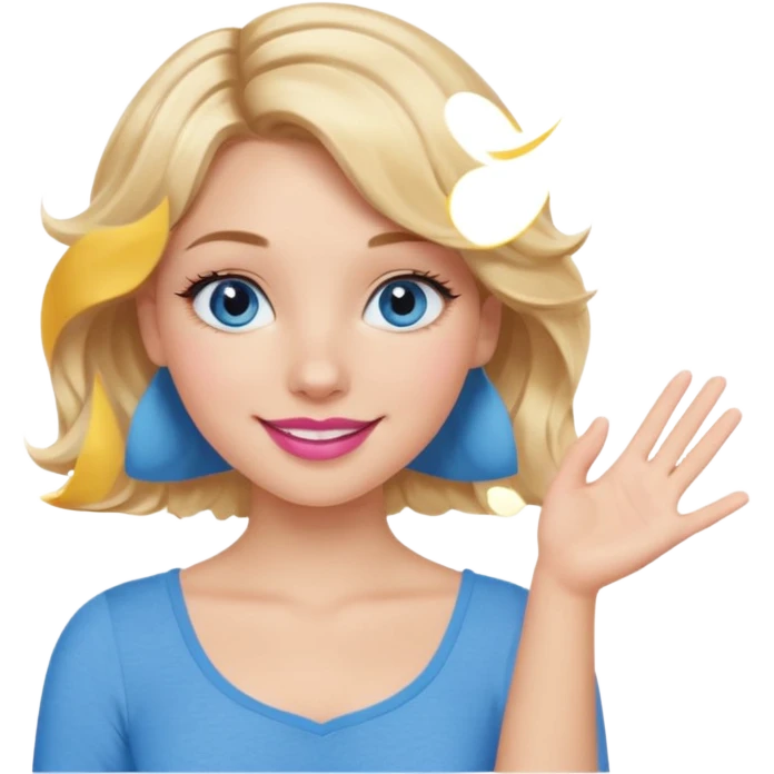 Girl Blonde short wavy hair,  blue eyes, cute blue top, long lashes, pink lips, smiling, one hand palm up emoji