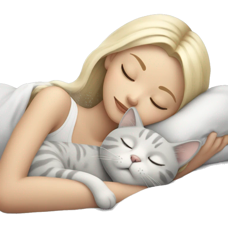 Blonde girl sleeping with grey and white small cat emoji