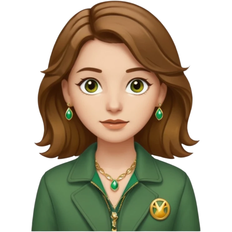White girl with hazel Brown eyes Brown and slighly wavy medium hair. Make her with a green jacket and gold jewlery.  emoji