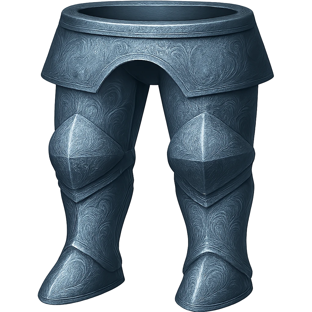 Recolor these platelegs to match the blueish-gray steel color and ornate engravings of the reference helmet. Emphasize the cool metallic finish and detailed engravings, matching the helmet exactly. Transparent background. emoji