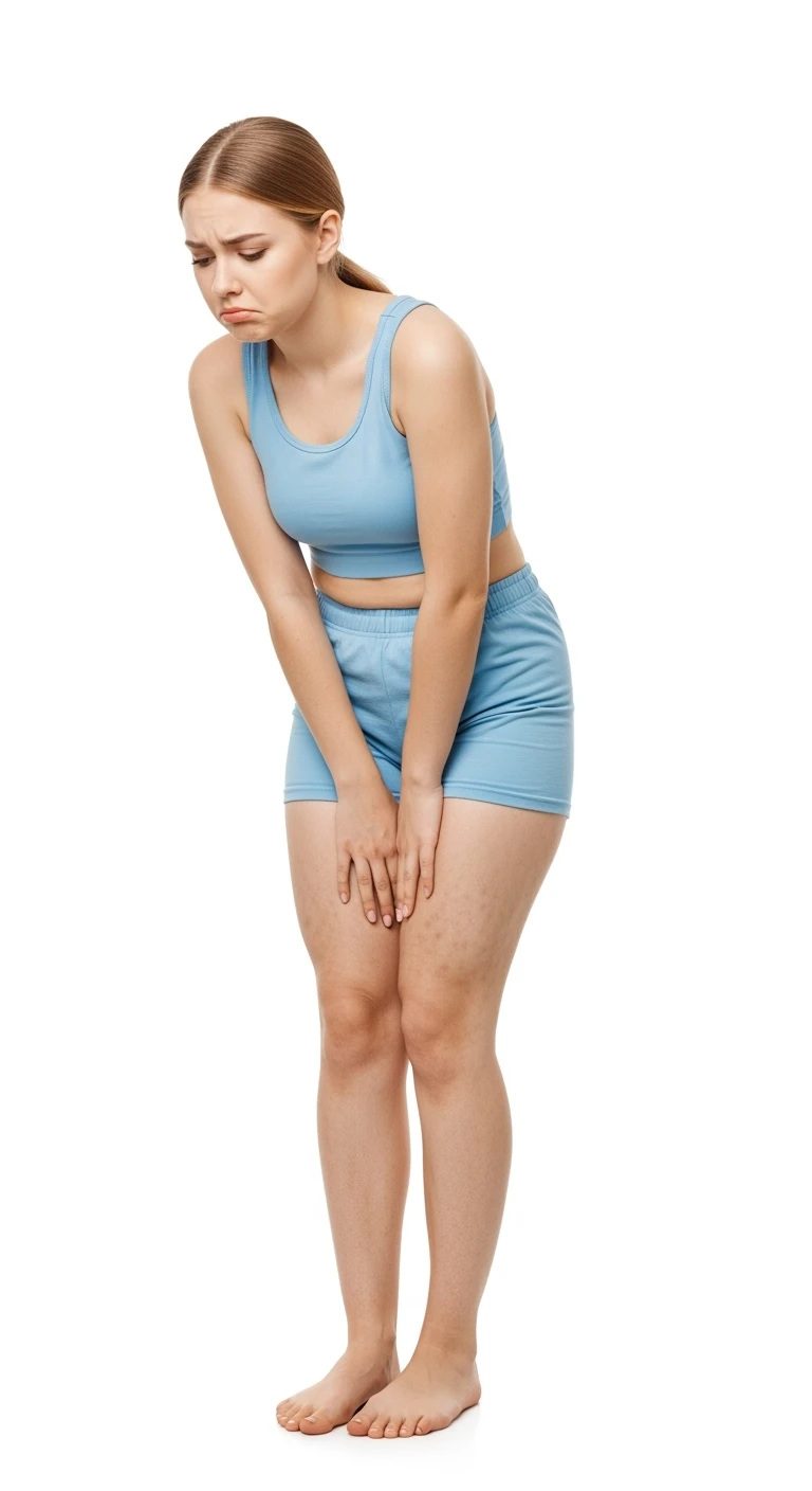 donna giovane con cellulite buchi di cellulite e ritenzione in gym short leggermente piegata in avanti, con espressione dispiaciuta in volto isolata su sfondo bianco emoji