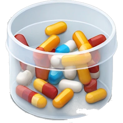 Small translucent plastic container with pills inside emoji
