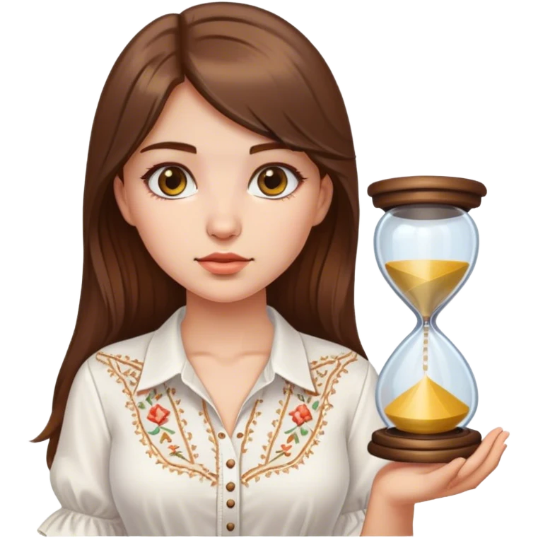 A Ukrainian girl with brown hair wearing a white embroidered shirt holds an hourglass in her hand emoji