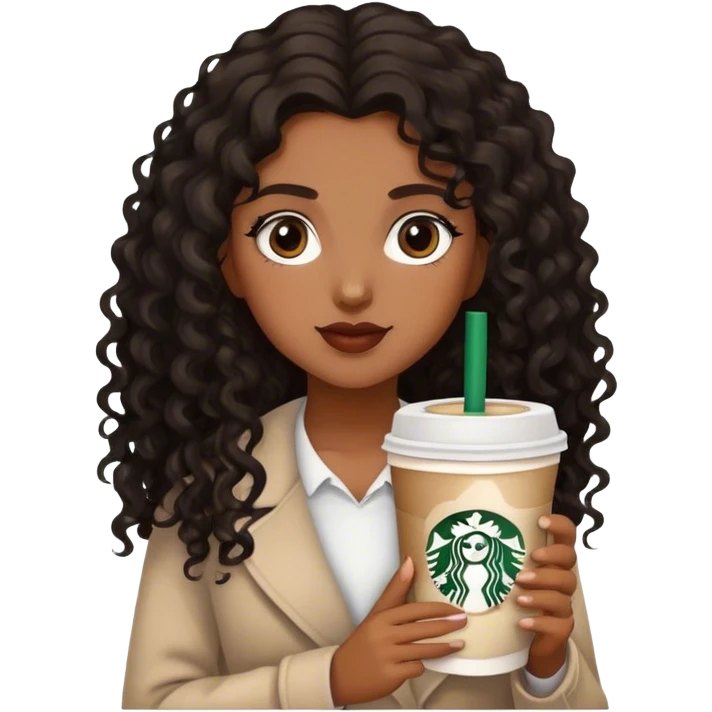 Girl with medium brown  skin/  black brown curly long hair with Starbucks  emoji