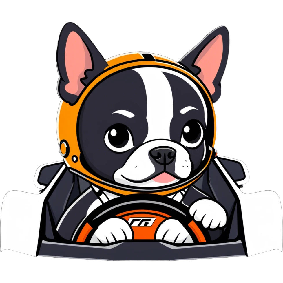 Boston terrier in mclaren f1 race car emoji