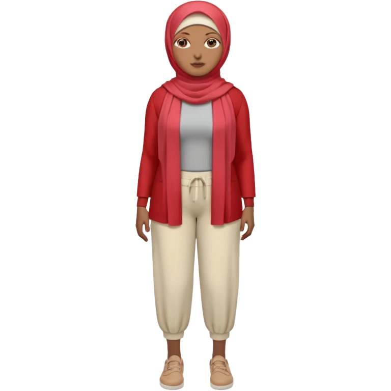 Heavy-set woman with medium-brown skin wearing a light red hijab, cream top, light red pants, tan shoes, and a visible gray below-knee prosthetic leg. Standing confidently with one hand on her hip emoji