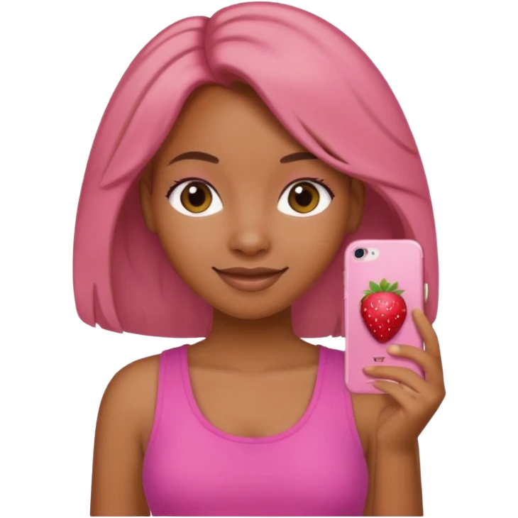 black girl with olive skin, hair that is a natural mix of strawberry blonde and brunette, pink top, subtle smile, Apple iPhone emoji style emoji