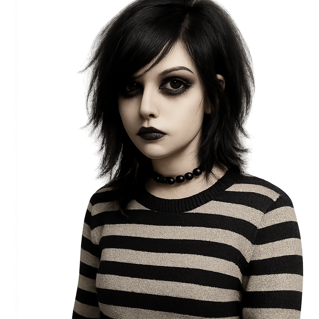 emo girl with striped sweater, side-swept bangs, gothic makeup emoji