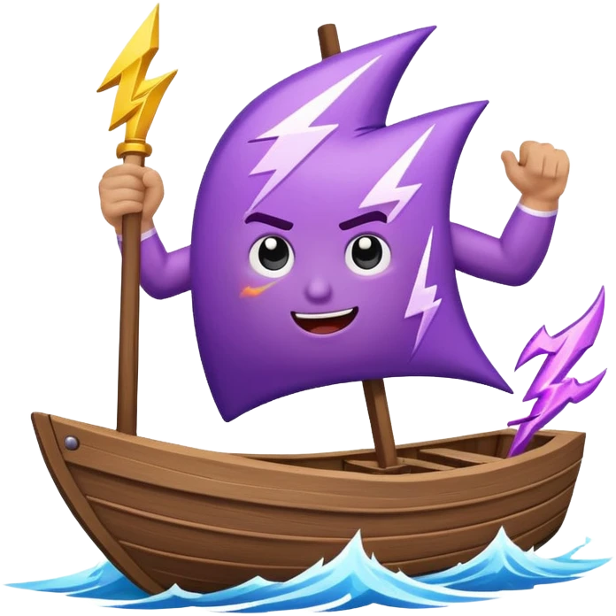 an animated gif emoji of a buff purple lightning bolt sailing away on a boat emoji