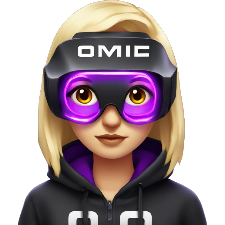 Russian cute blond girl wearing black hoody with violet letters "OMG", in vr headset. Cyberpunk style. Violet neon. emoji