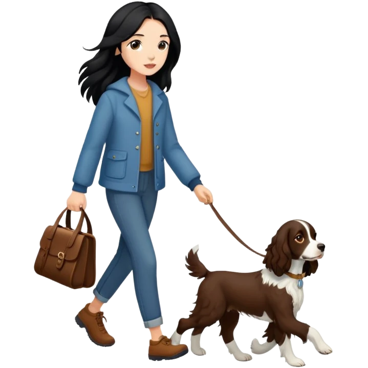 A girl with long black hair walks a brown springer spaniel emoji