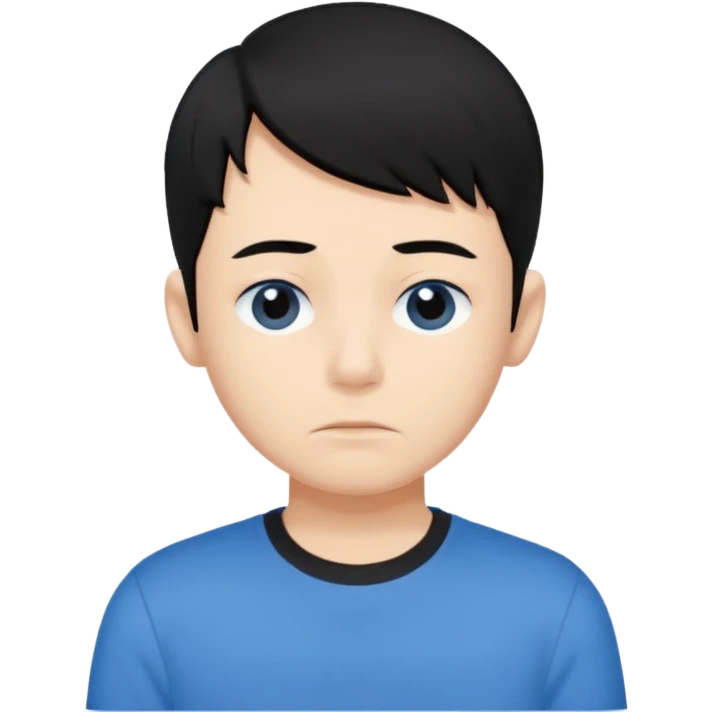 Cute apple emoji-style boy portrait, black hair, blue t-shirt, big black eyes, closed mouth,clean bold lines, flat colors, minimal shading emoji