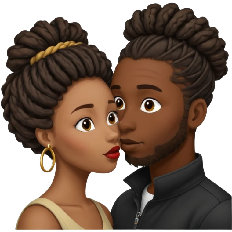 black boyfriend with dreadlock kissing black girl with curly bun emoji